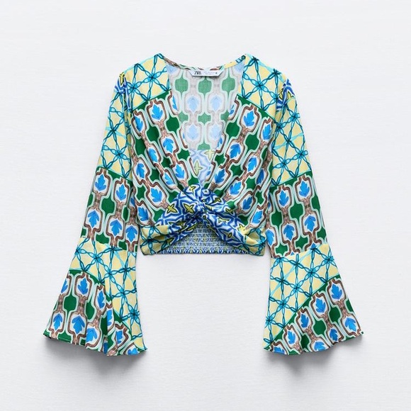 ZARA 🔥2 PIECE SET 🔥 BLOGGERS’ FAVORITE PRINT TOP WITH KNOT & WIDE LEG PANTS - Picture 14 of 16